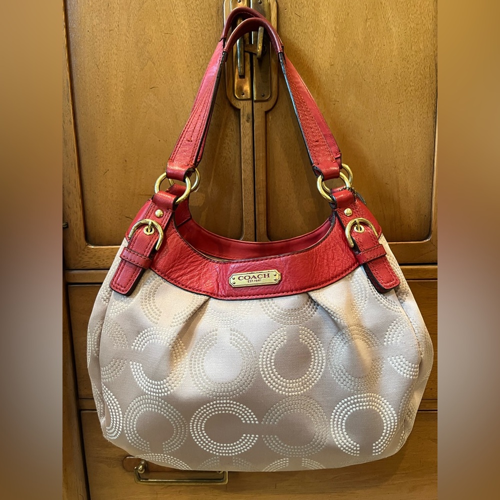 COACH Maggie Beige Dotted Op Art Sateen Red Leather Shoulder Bag F22143